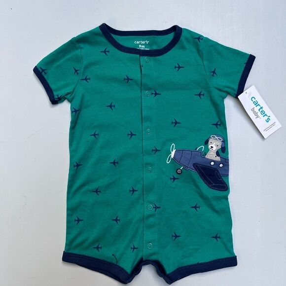 CARTERS - BABY BOY PLANE SNAP-UP ROMPER, GREEN 9 months - Picture 1 of 3